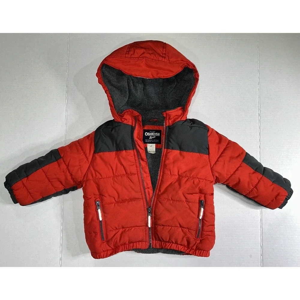 Oshkosh B'Gosh‎ Puffer Jacket 2T Red Gray Fleece Lined Jacket